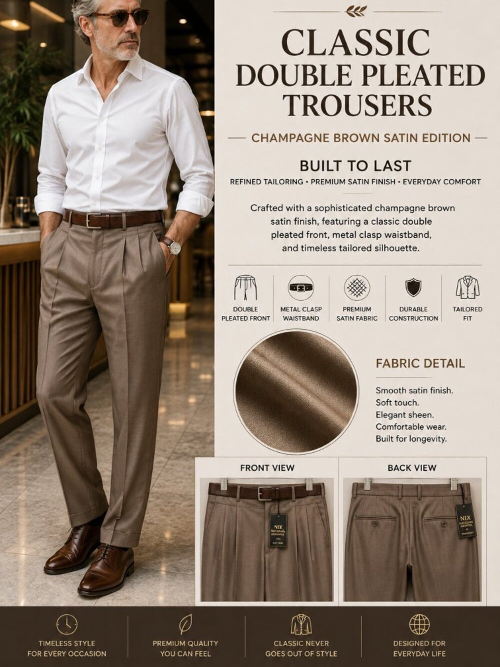 NWT | Natural Exchange | men 38/32 double pleated classic Pant-Brown's Champagne